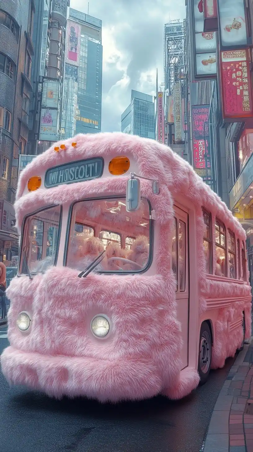 Plush School Bus in City Midjourney提示词