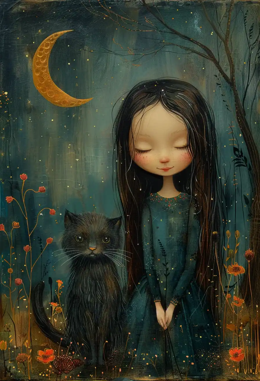 Whimsical Girl and Cat Midjourney提示词
