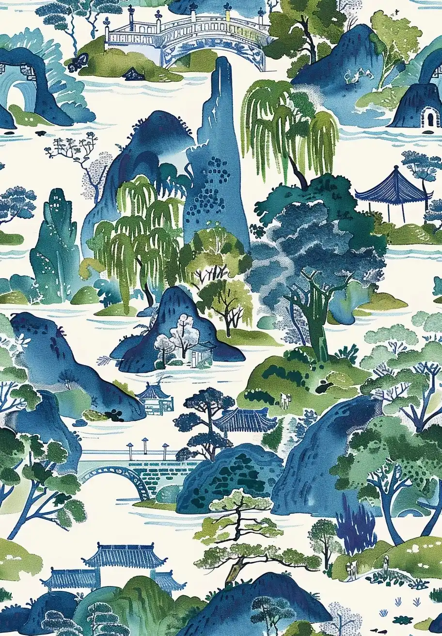 Chinoiserie Garden Scene Midjourney提示词