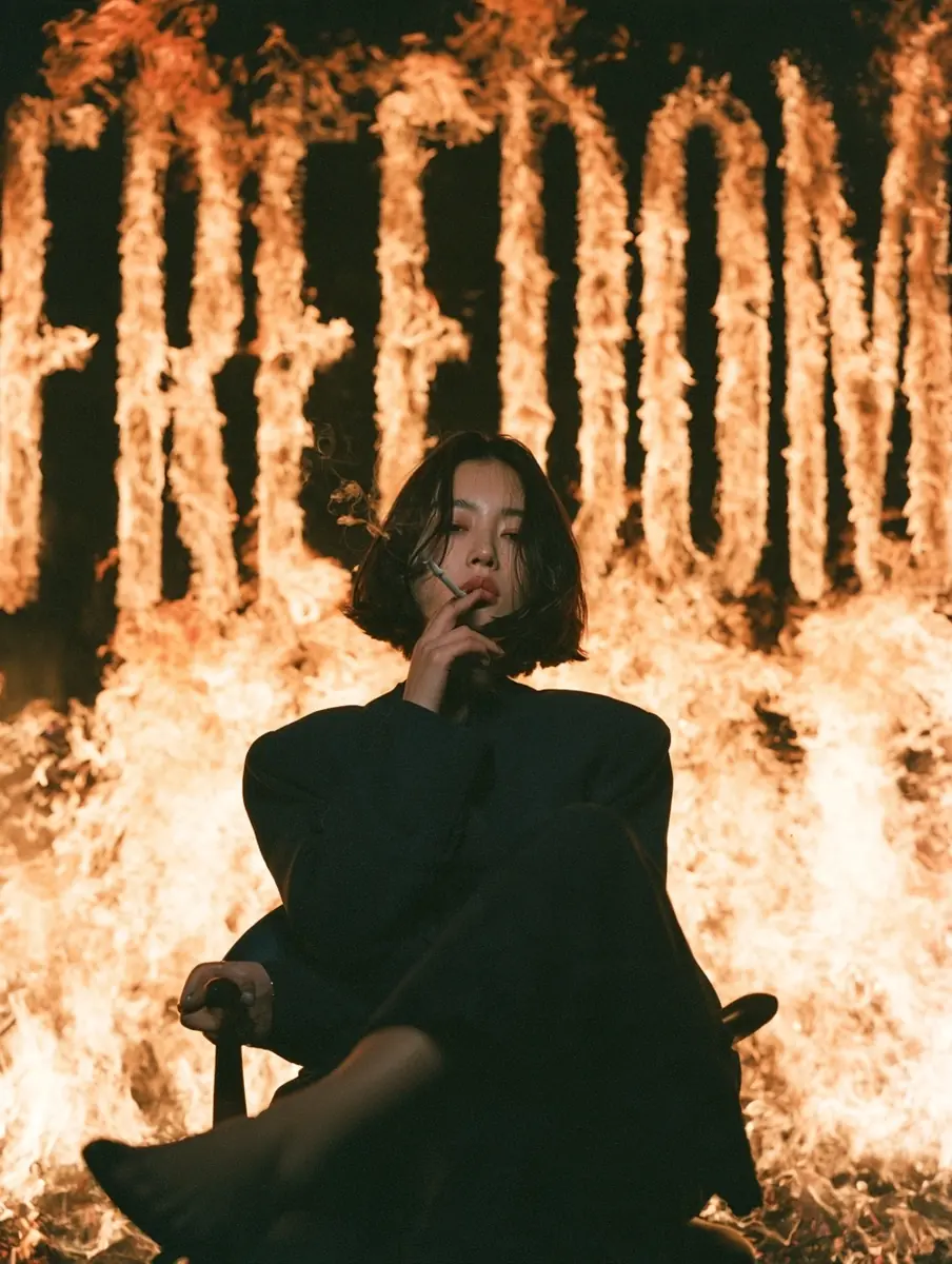 Cinematic Woman Against Flames Midjourney提示词
