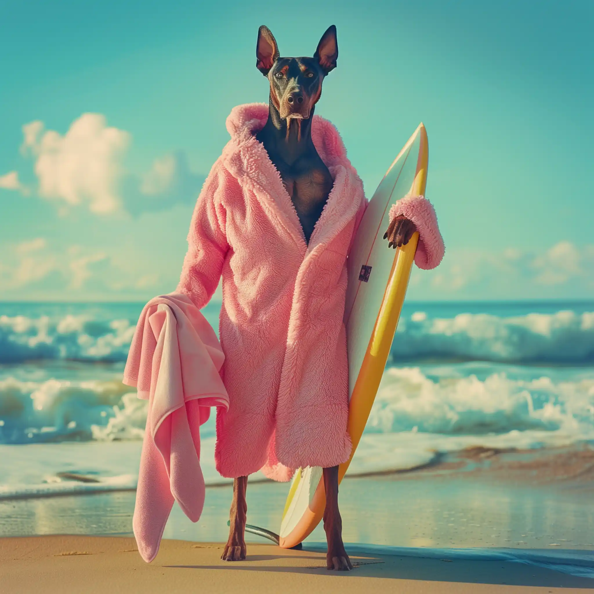Realistic Dobermann Surfing Portrait Midjourney提示词