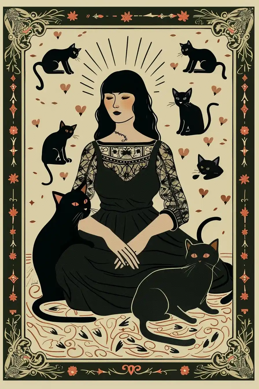 Tarot Woman with Cats Midjourney提示词