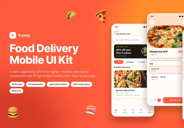 外卖配送App UI套件（Figma），Yumly — Food Delivery Mobile UI Kit