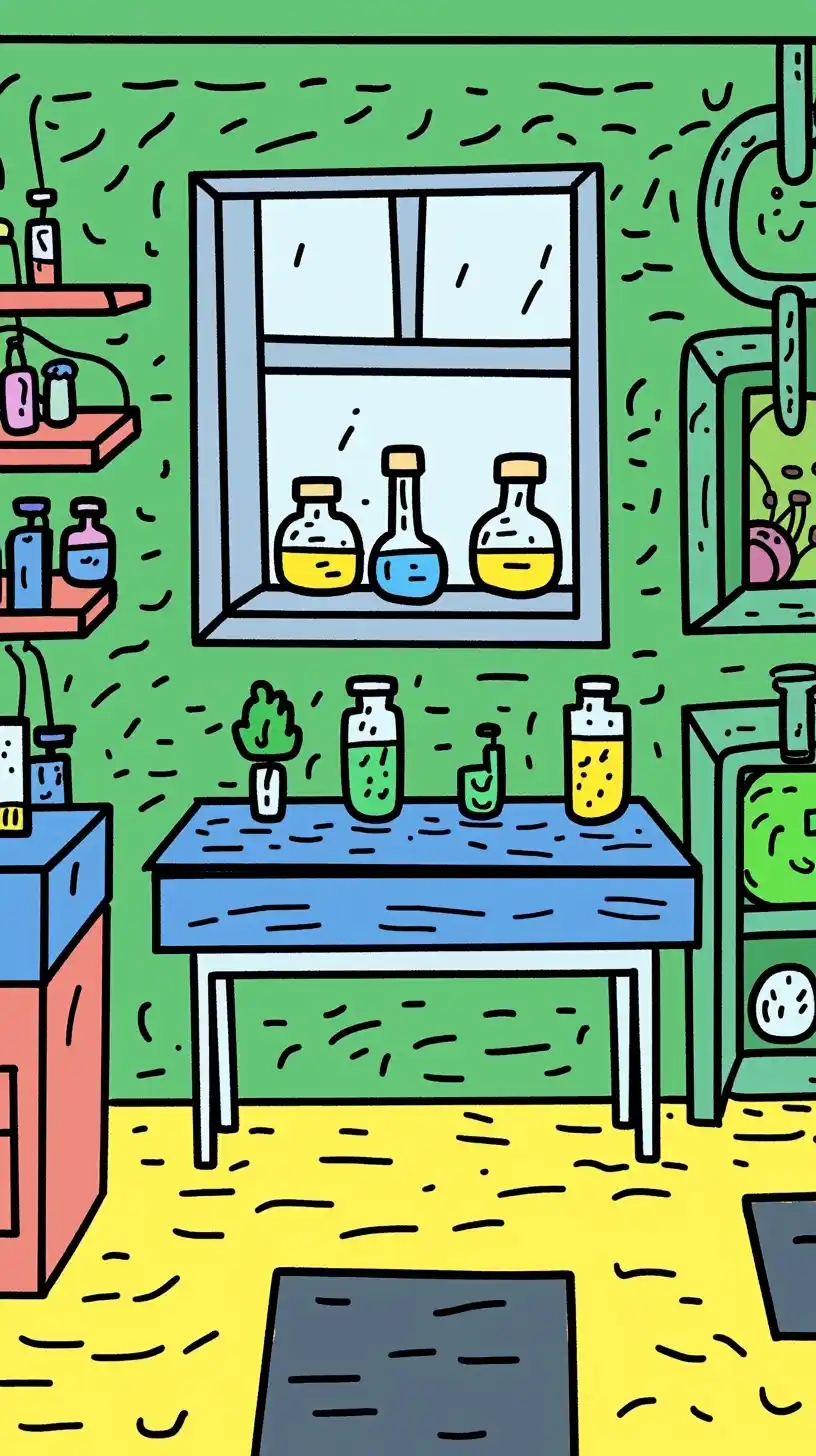 Cartoon Chemistry Lab Chaos Midjourney提示词