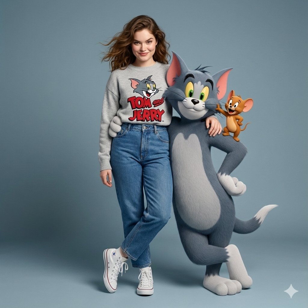 Cheerful Woman in Tom & Jerry Sweater with Cartoon Pals Nano Banana提示词
