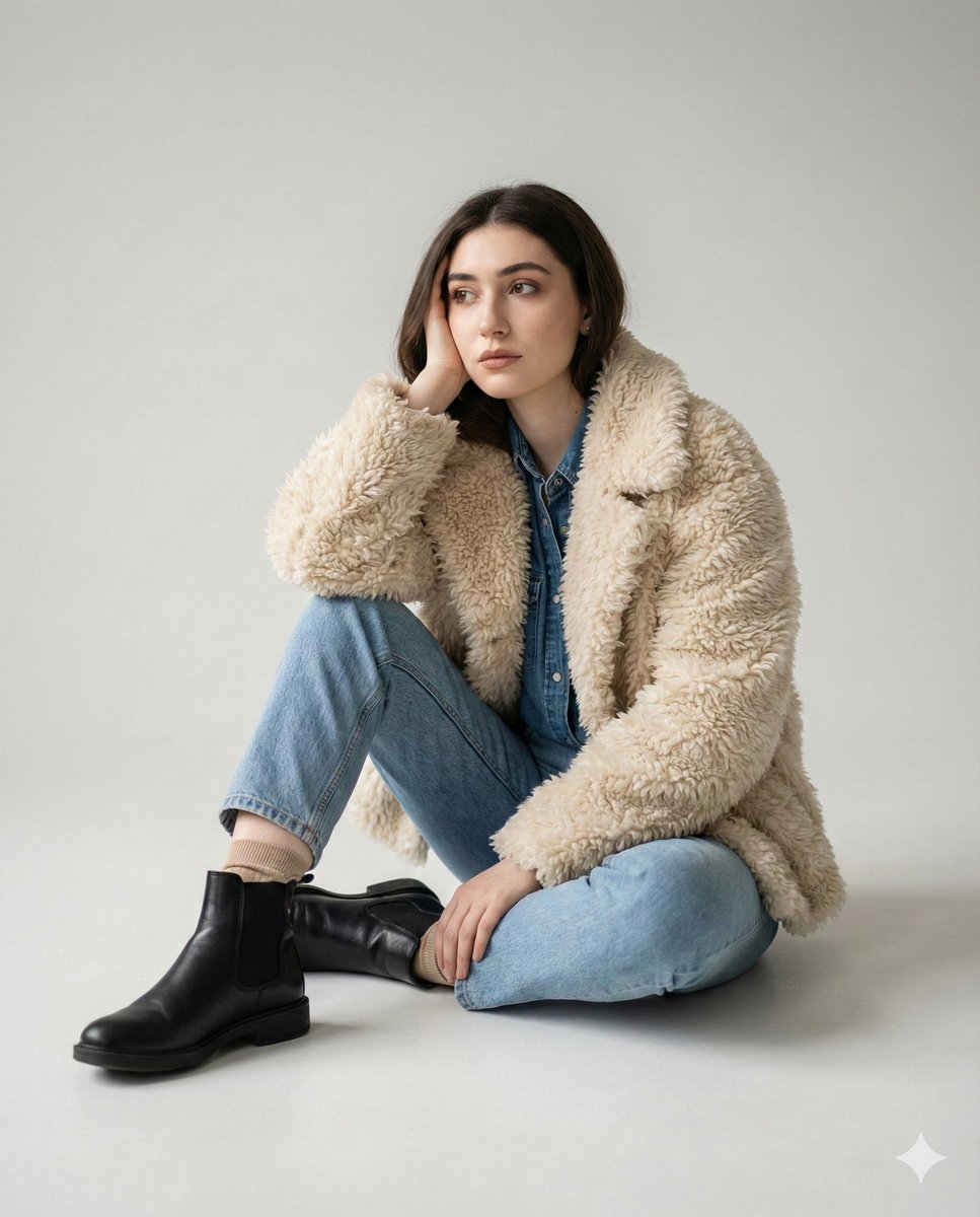 Cozy Winter Fashion Portrait: Woman in Sherpa Jacket & Jeans Nano Banana提示词