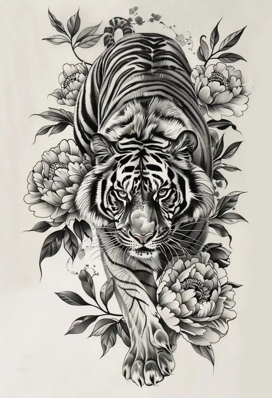 Tiger Peonies Tattoo Midjourney提示词