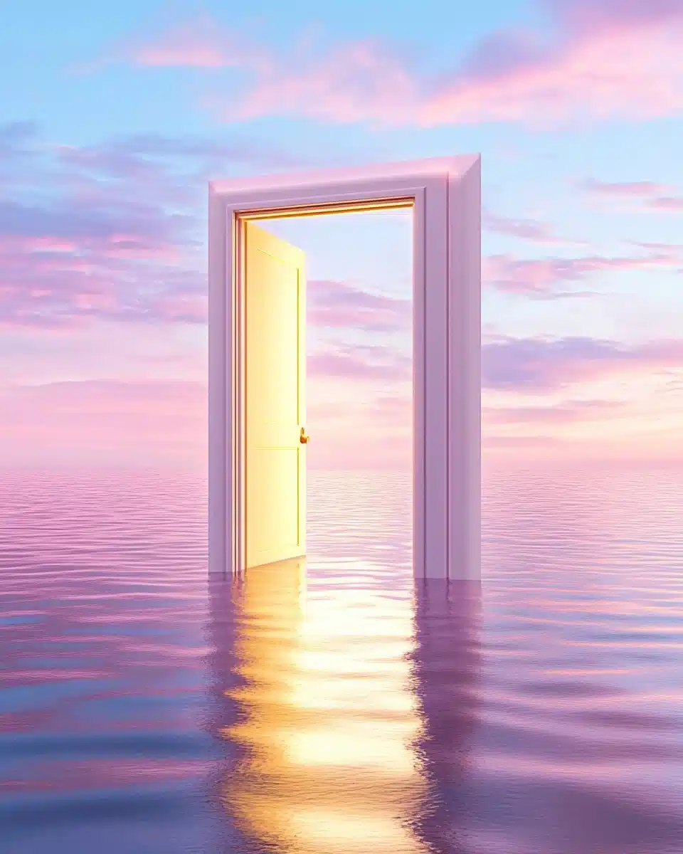 Surreal Doorway Over Ocean Midjourney提示词