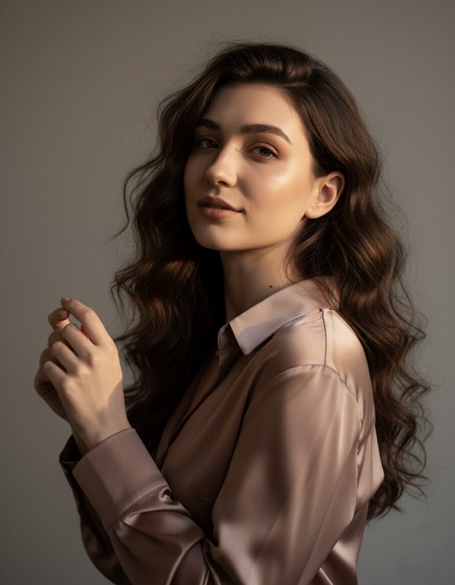Photorealistic Portrait: Elegant Brunette Woman in Satin Nano Banana提示词