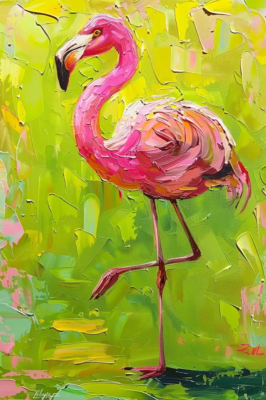 Impressionist Flamingo in Green Midjourney提示词