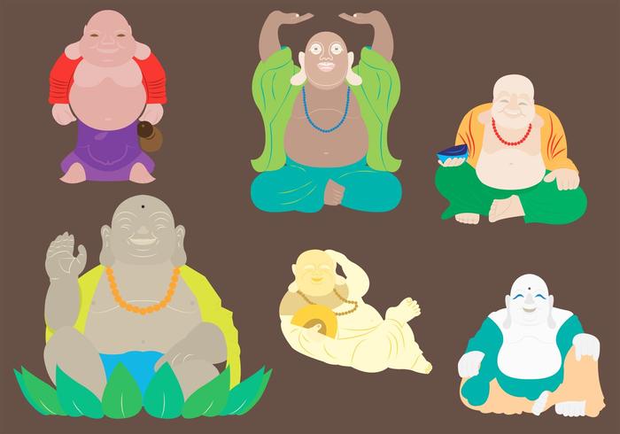 肥胖佛在六个不同的身体位置的矢量图