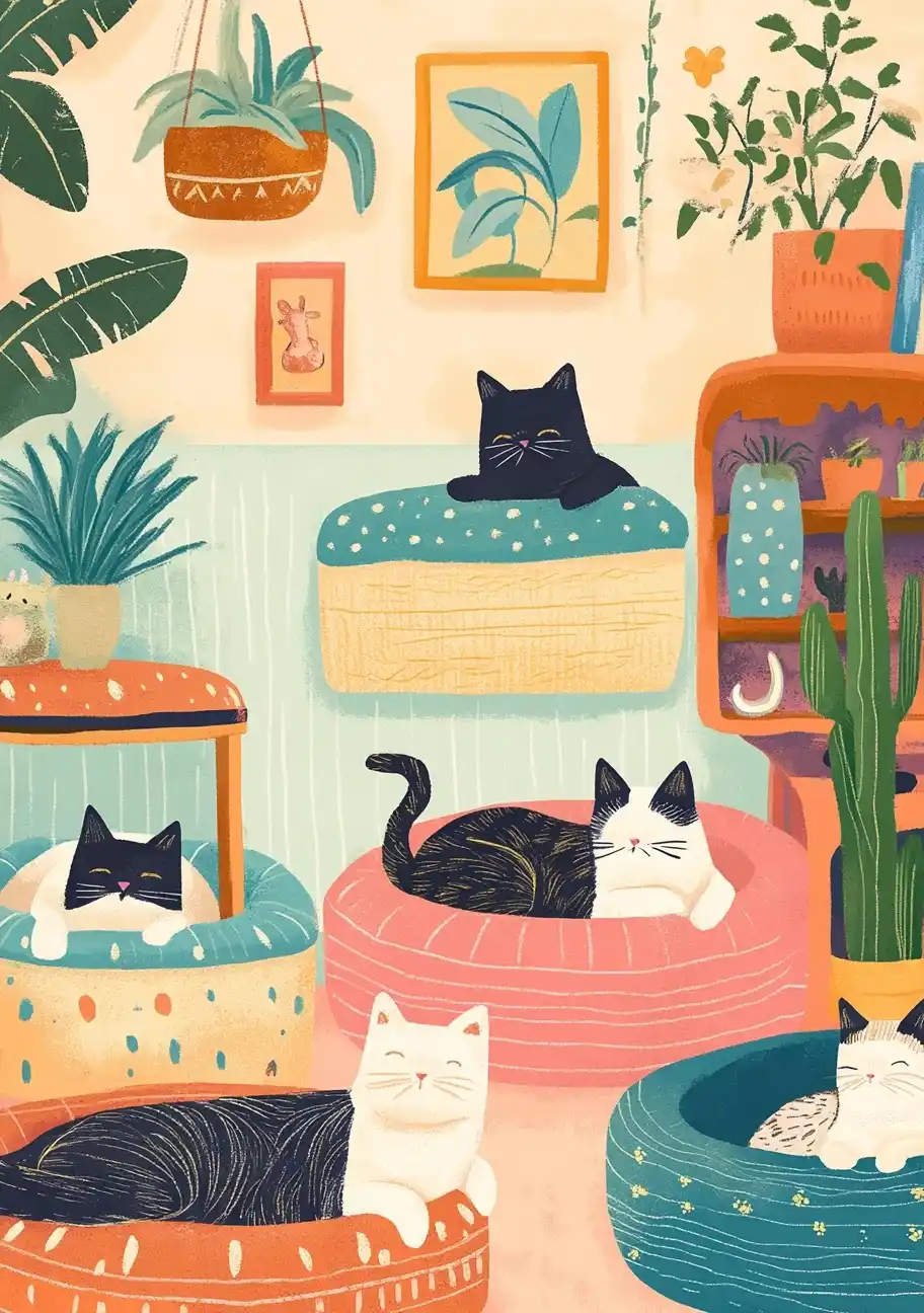 Whimsical Cats in Beds Midjourney提示词