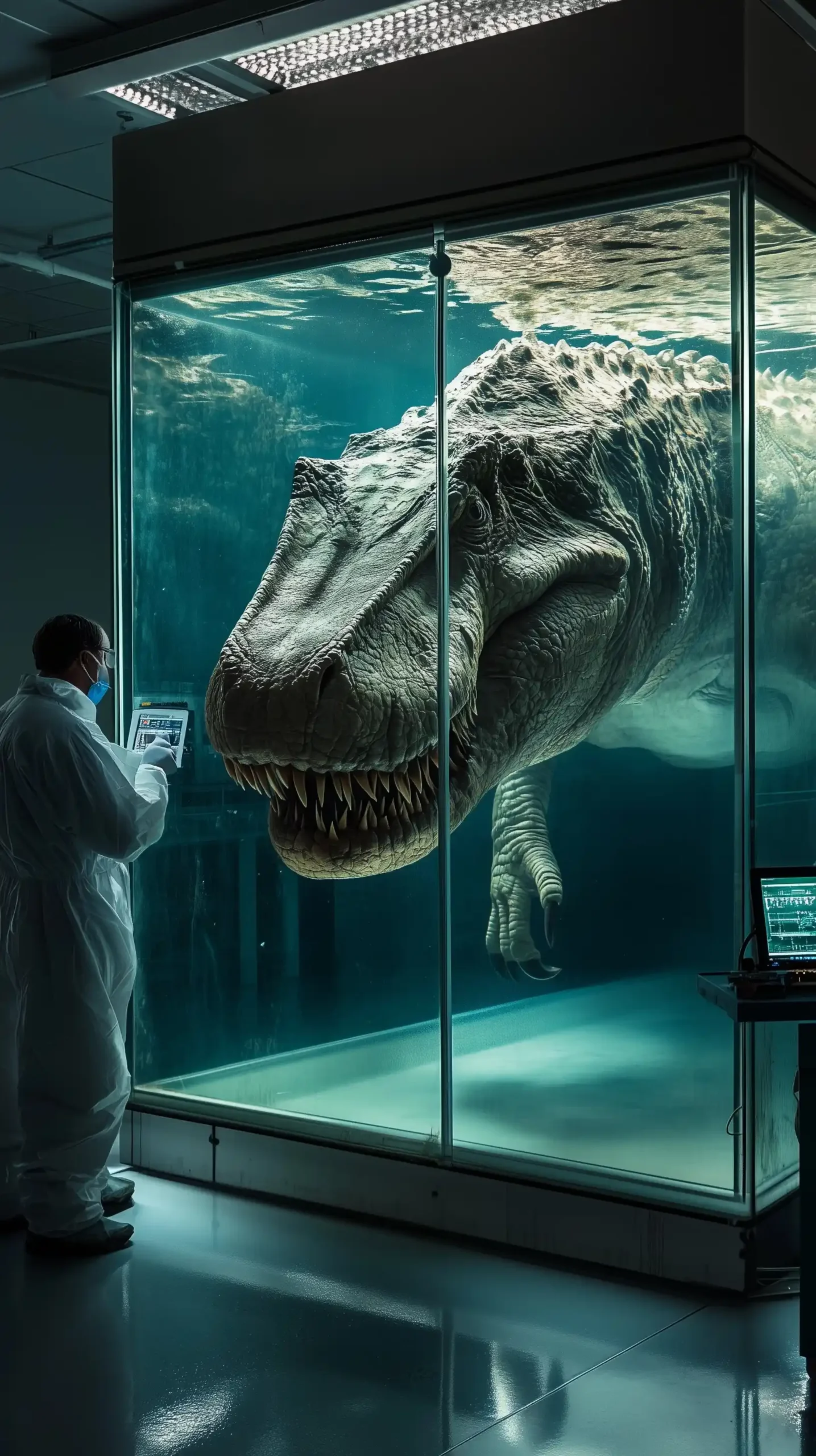 Sarcosuchus in Laboratory Tank Midjourney提示词