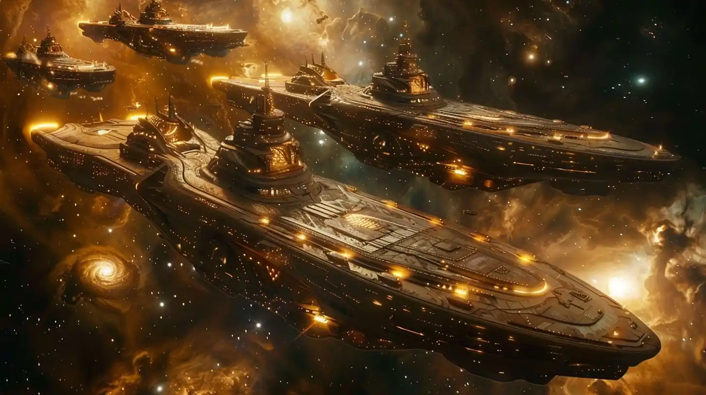 Sleek Starship Fleet in Space Midjourney提示词