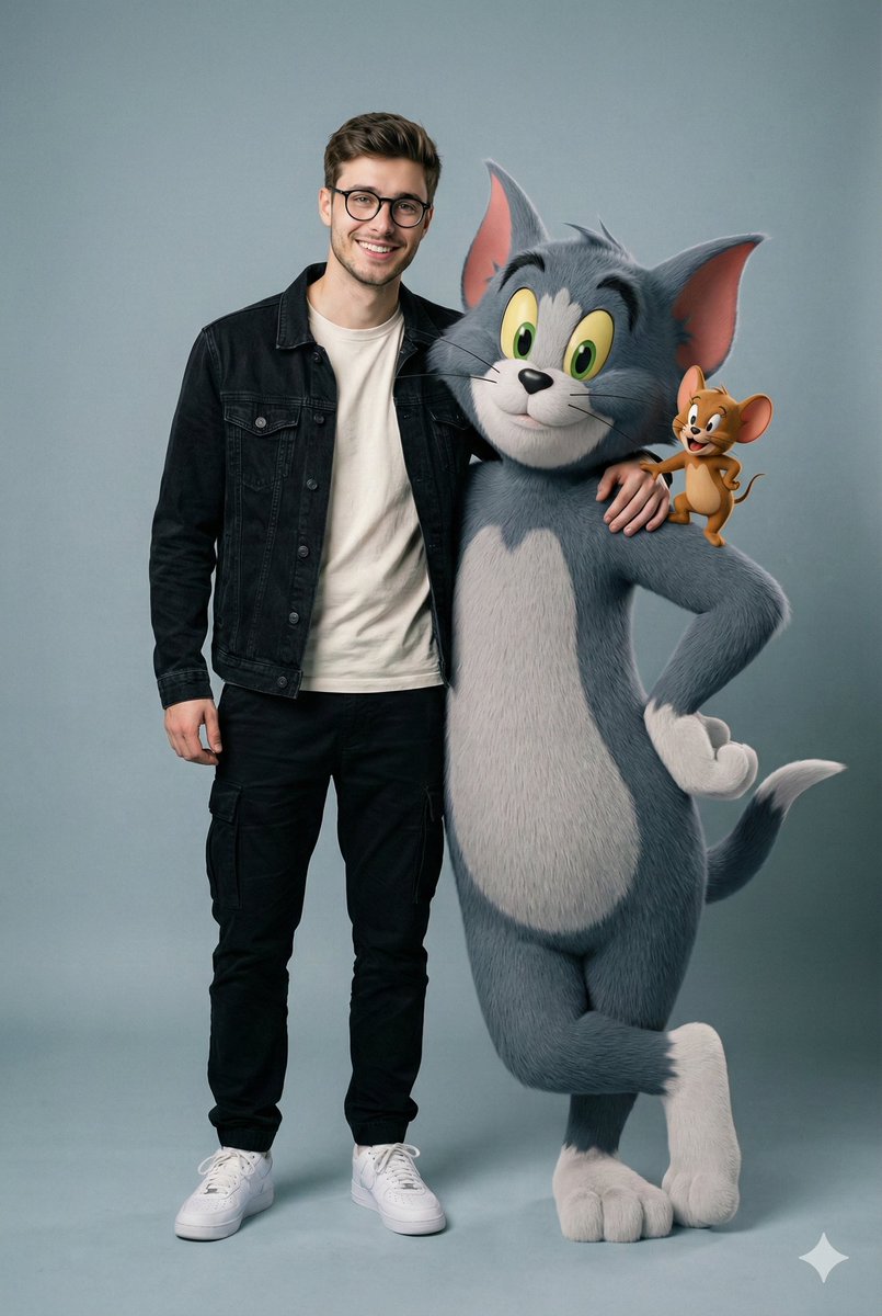 Cheerful Man Posing with 3D Tom and Jerry Studio Portrait Nano Banana提示词