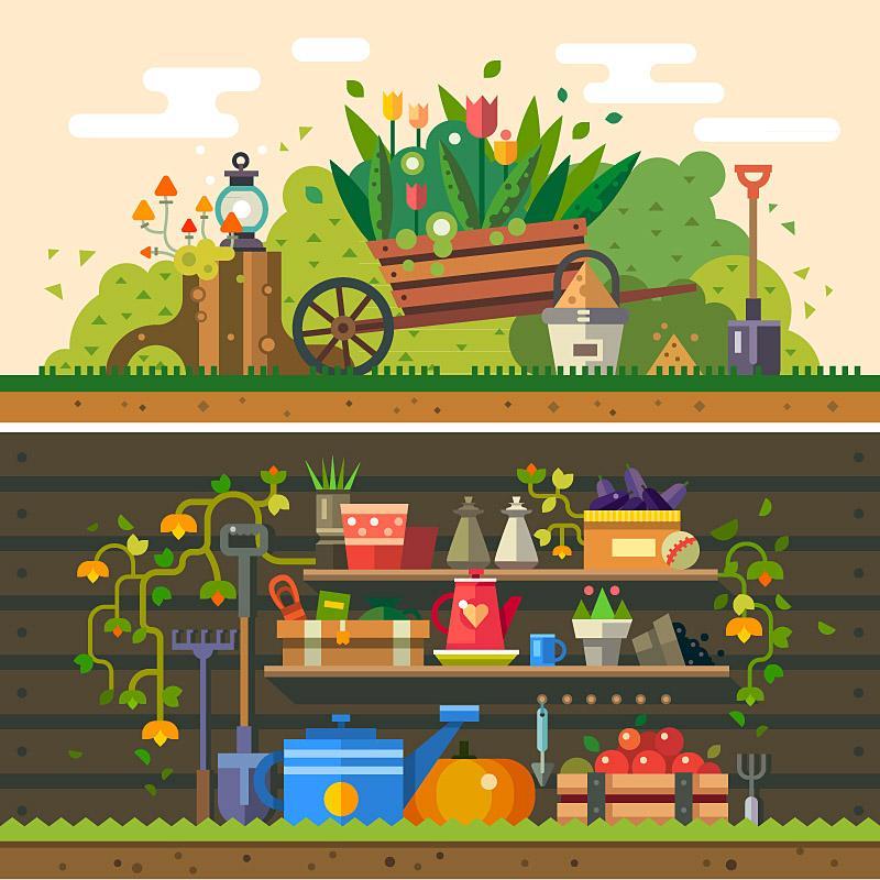 花园风景和花园工具