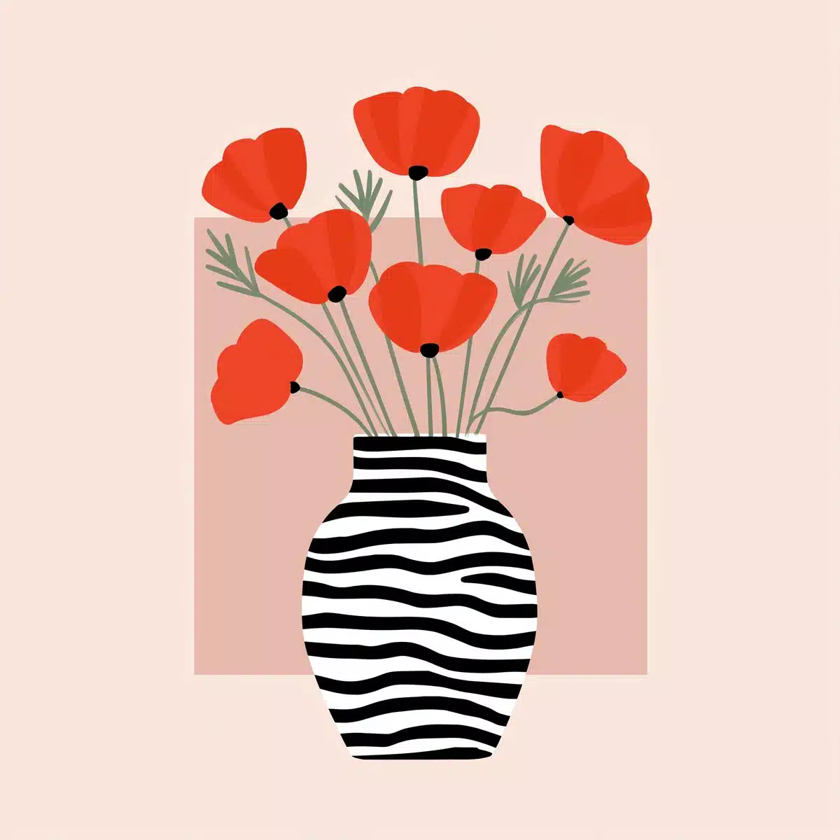 Zebra-Striped Vase with Poppies Midjourney提示词