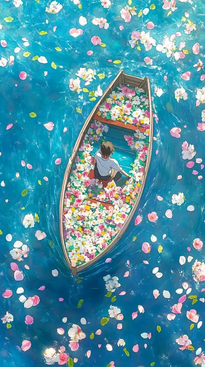 Flower-Laden Boat in Ocean Midjourney提示词