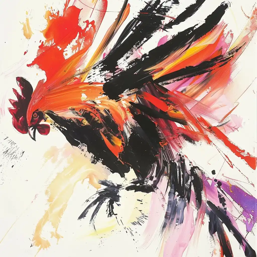 Fierce Rooster Fight Acrylic Expressionism Midjourney提示词