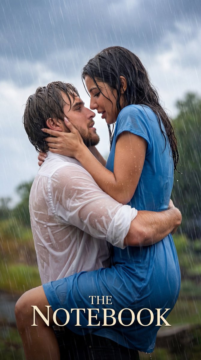 Romantic Couple in Rain Movie Poster - The Notebook Nano Banana提示词
