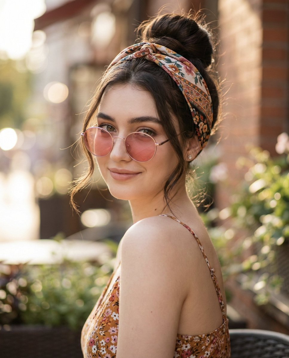 Cheerful Young Woman Portrait with Floral Headband & Sunglasses Nano Banana提示词