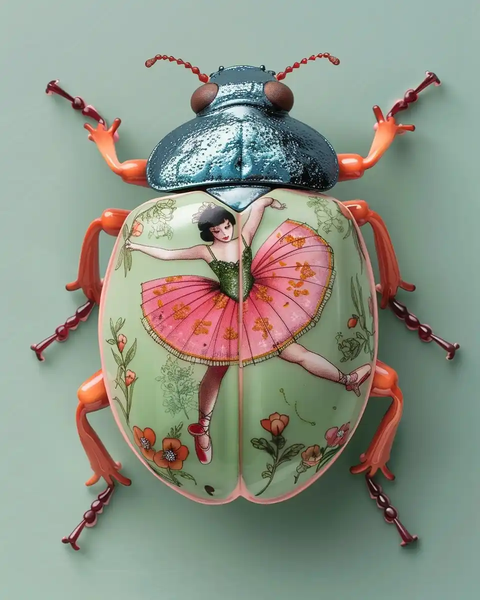 Hyperrealistic Ladybug with Ballet Dancer Midjourney提示词