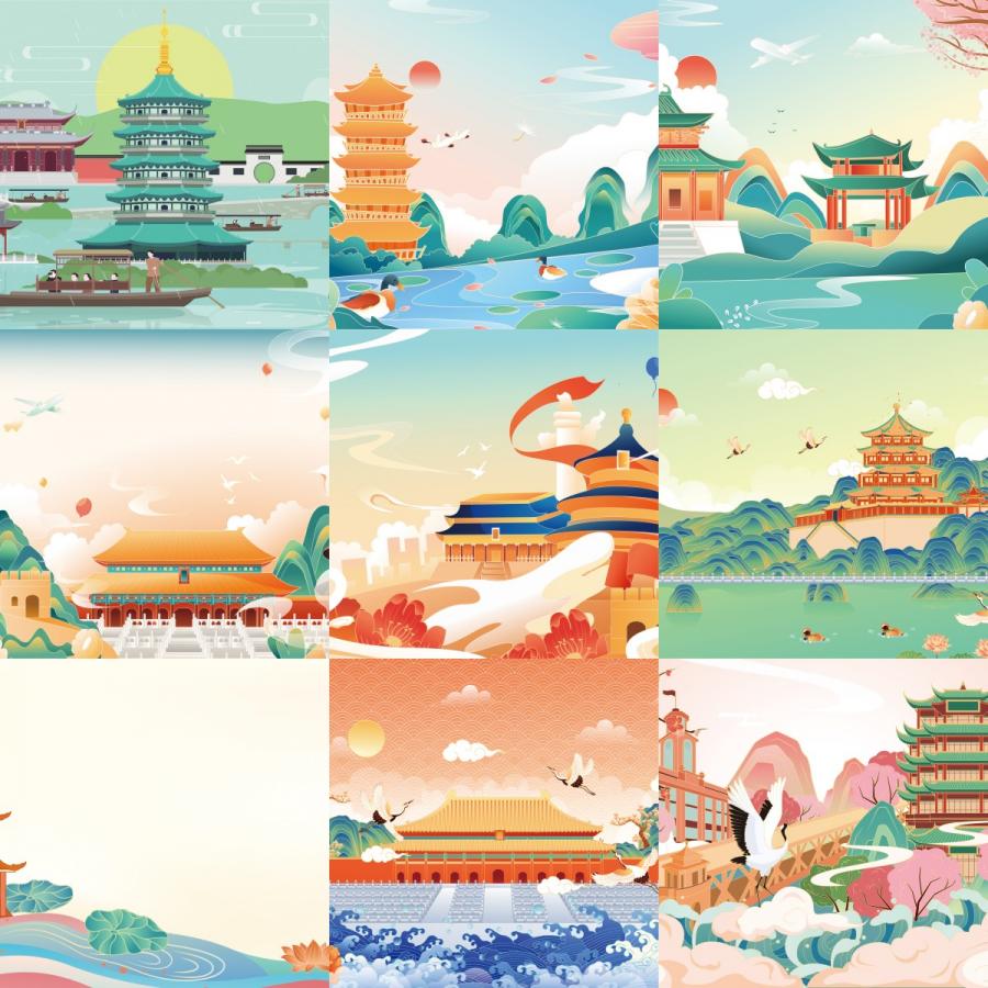 中国风国潮手绘插画扁平化城市建筑山水楼亭AI矢量设计 插画素材