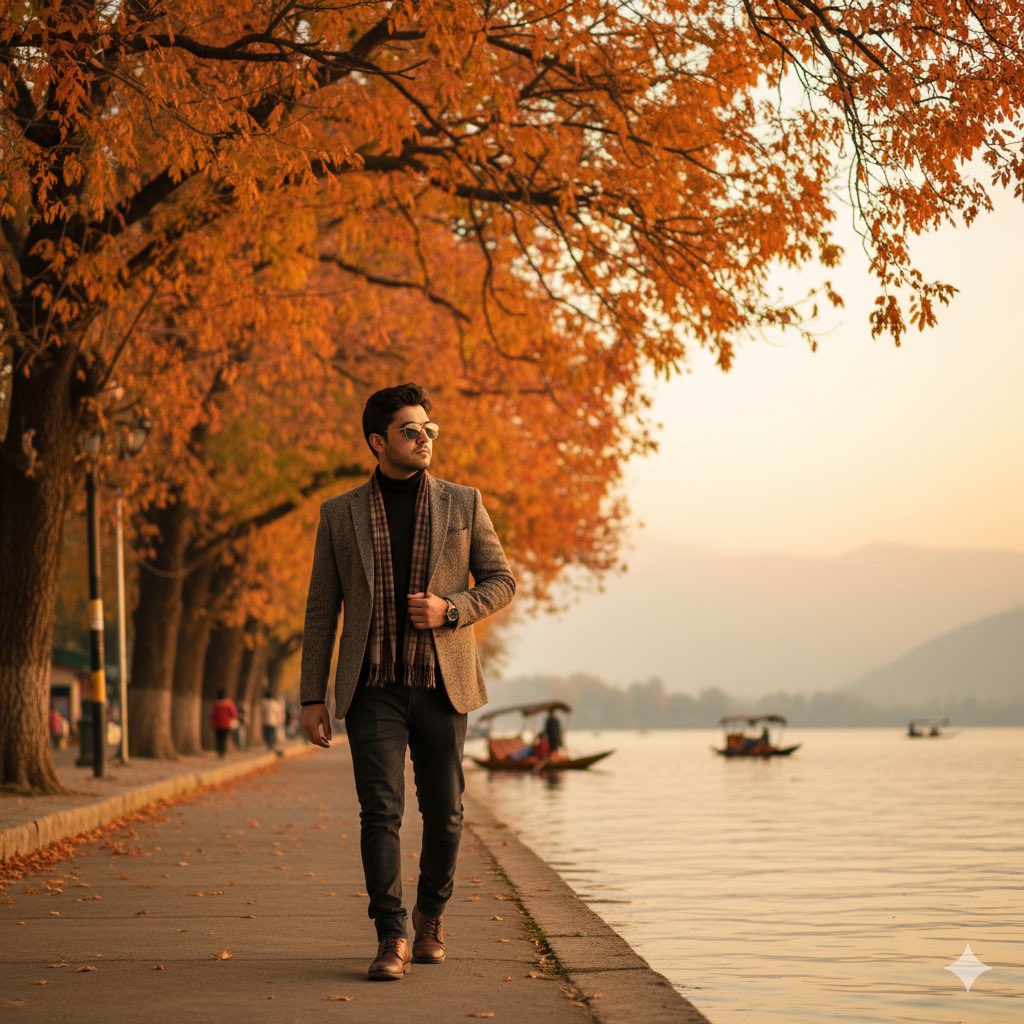 Stylish Man Autumn Fashion by Lake with Fall Foliage Trees Nano Banana提示词