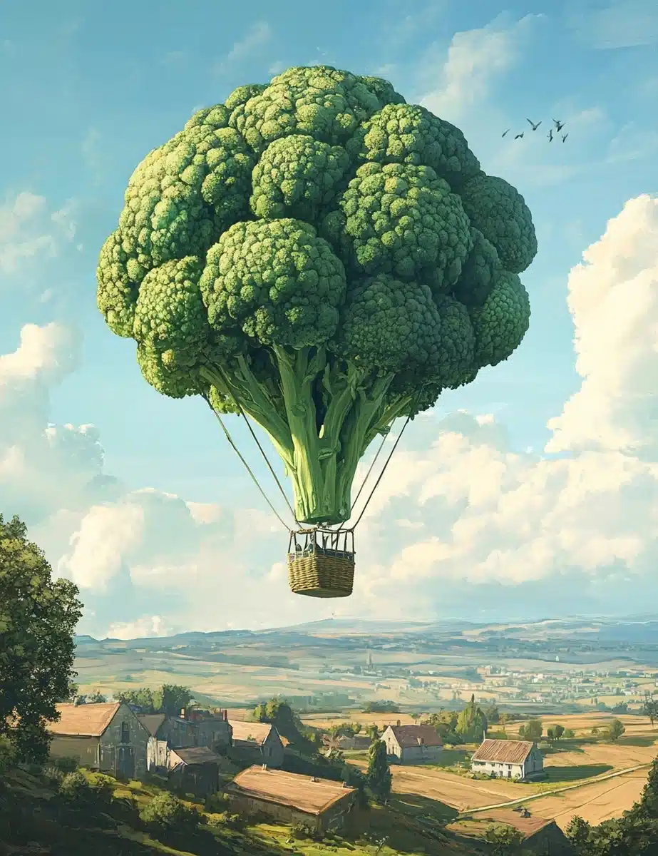 Broccoli Balloon Over Countryside Midjourney提示词