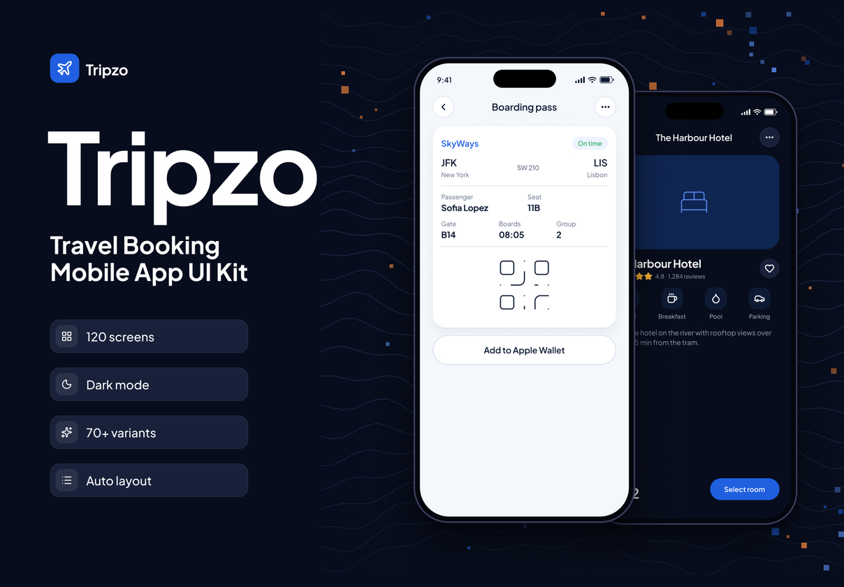 旅行预订App UI套件（Figma），Tripzo – Travel Booking Mobile UI Kit