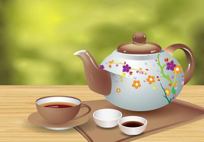 现实的茶茶壶和杯子矢量
