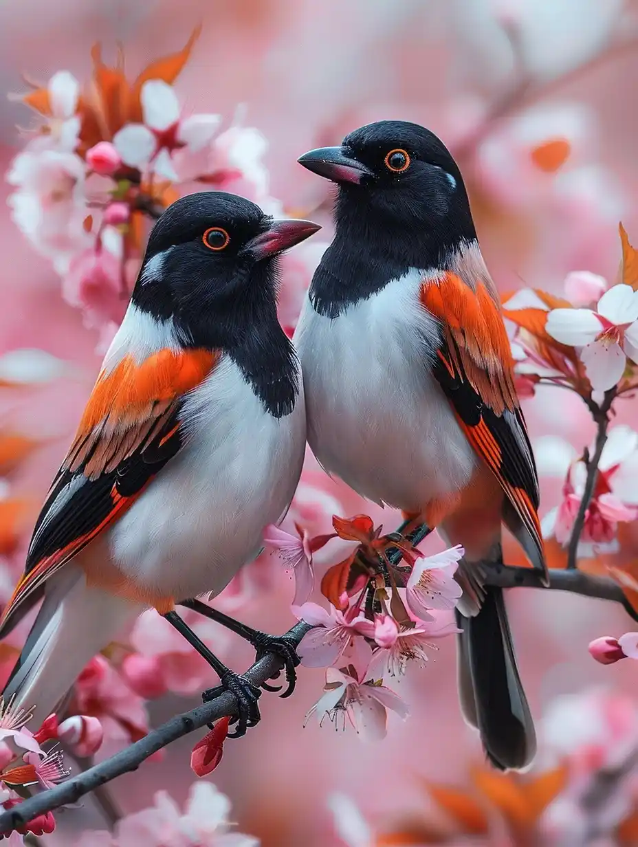 Realistic Magpies in Blossoms Midjourney提示词