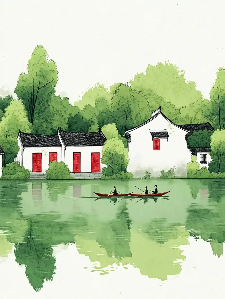 Minimalist River Rowing Scene Midjourney提示词