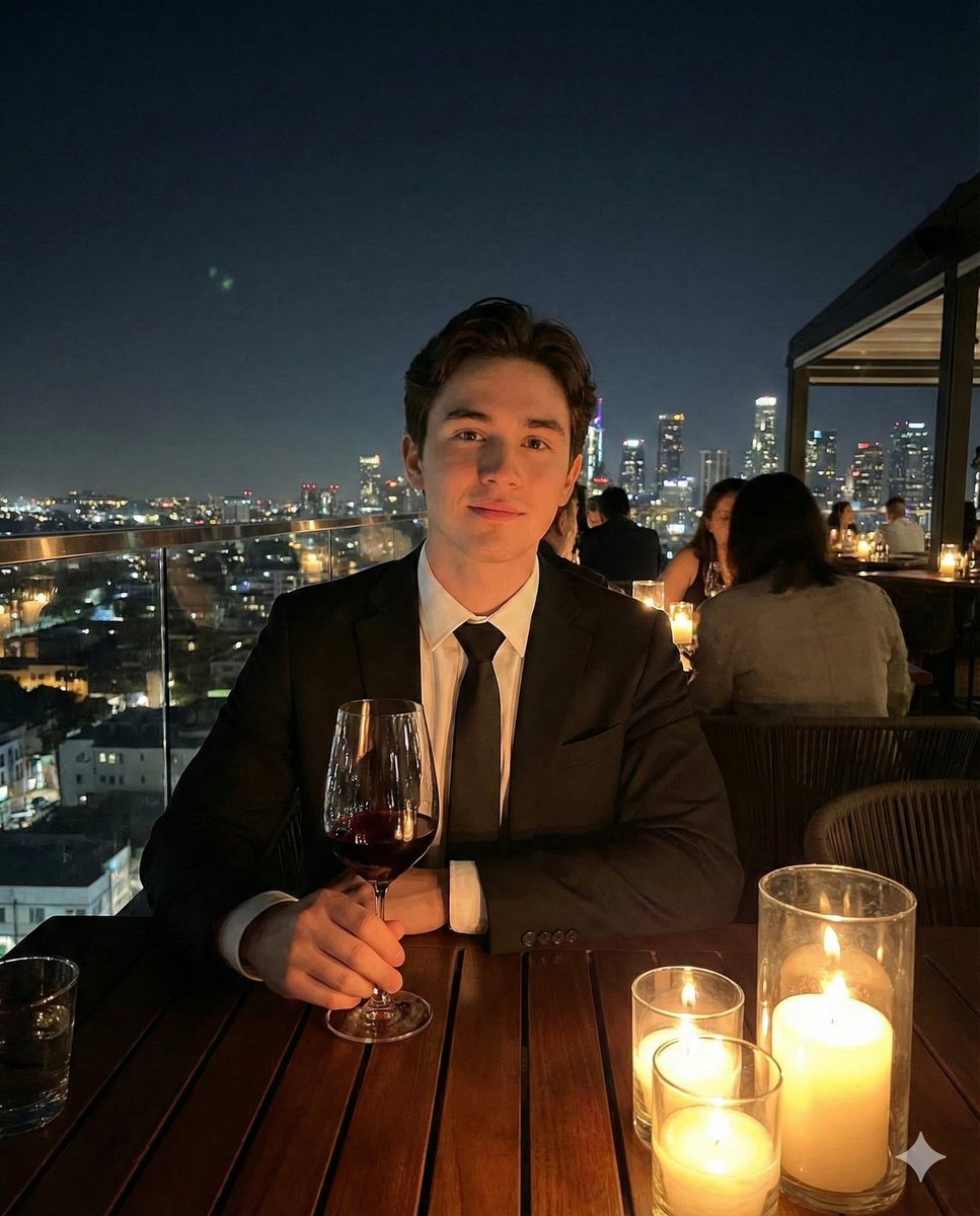 Elegant Rooftop Bar Portrait: Man in Suit, Cityscape View Nano Banana提示词