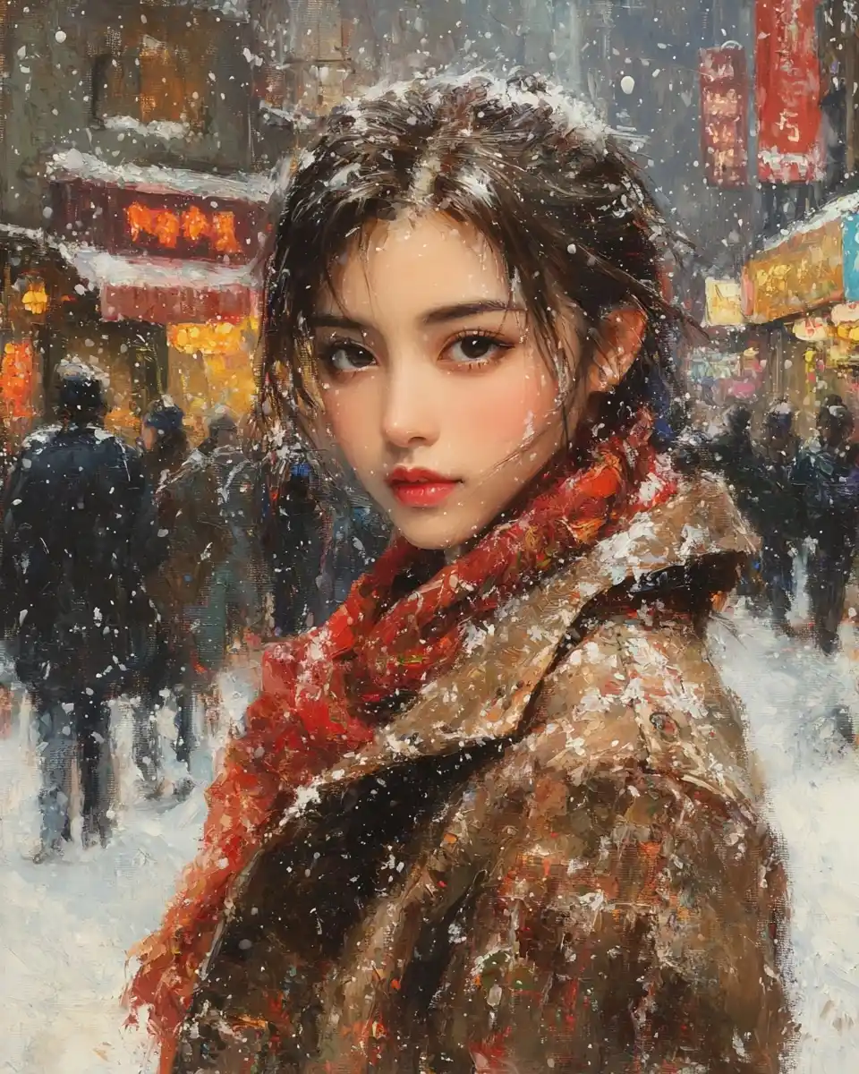 Impressionistic Woman in Winter Midjourney 提示词生成效果