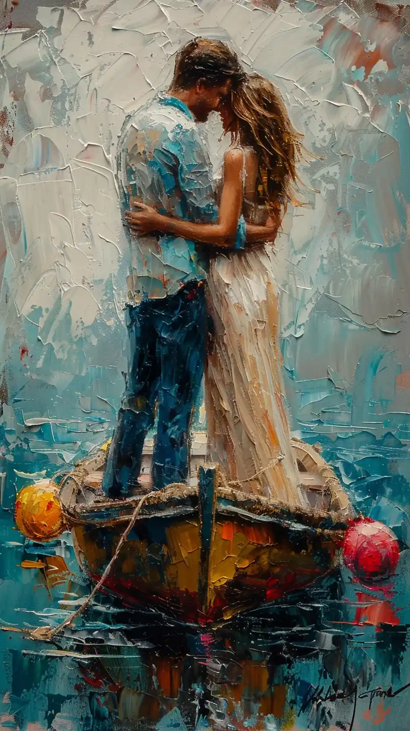 Oil Painting Couple on Boat Midjourney提示词