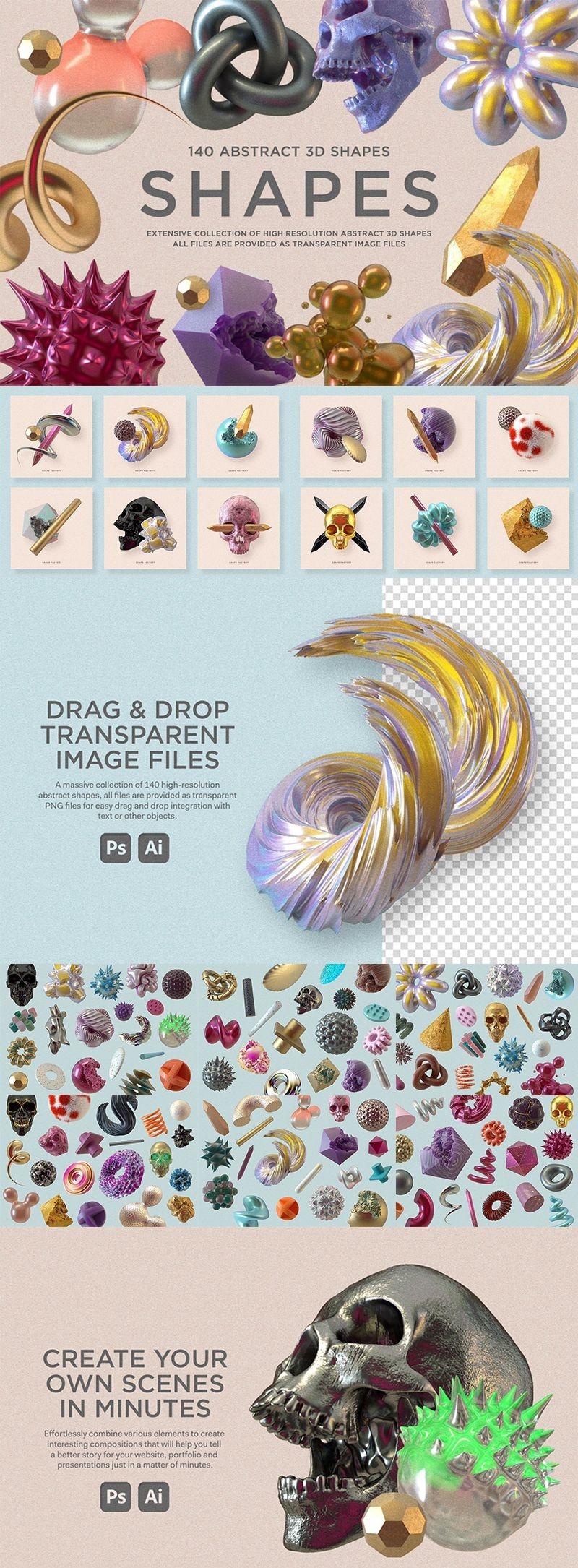 140款时尚潮流彩色抽象3D立体质感元素PNG格式