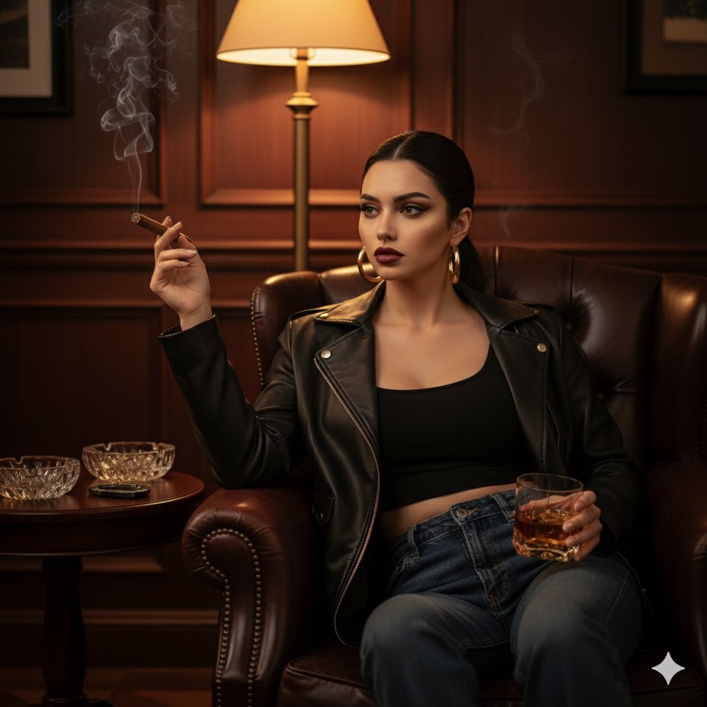 Confident Woman Portrait with Cigar and Whiskey Nano Banana提示词