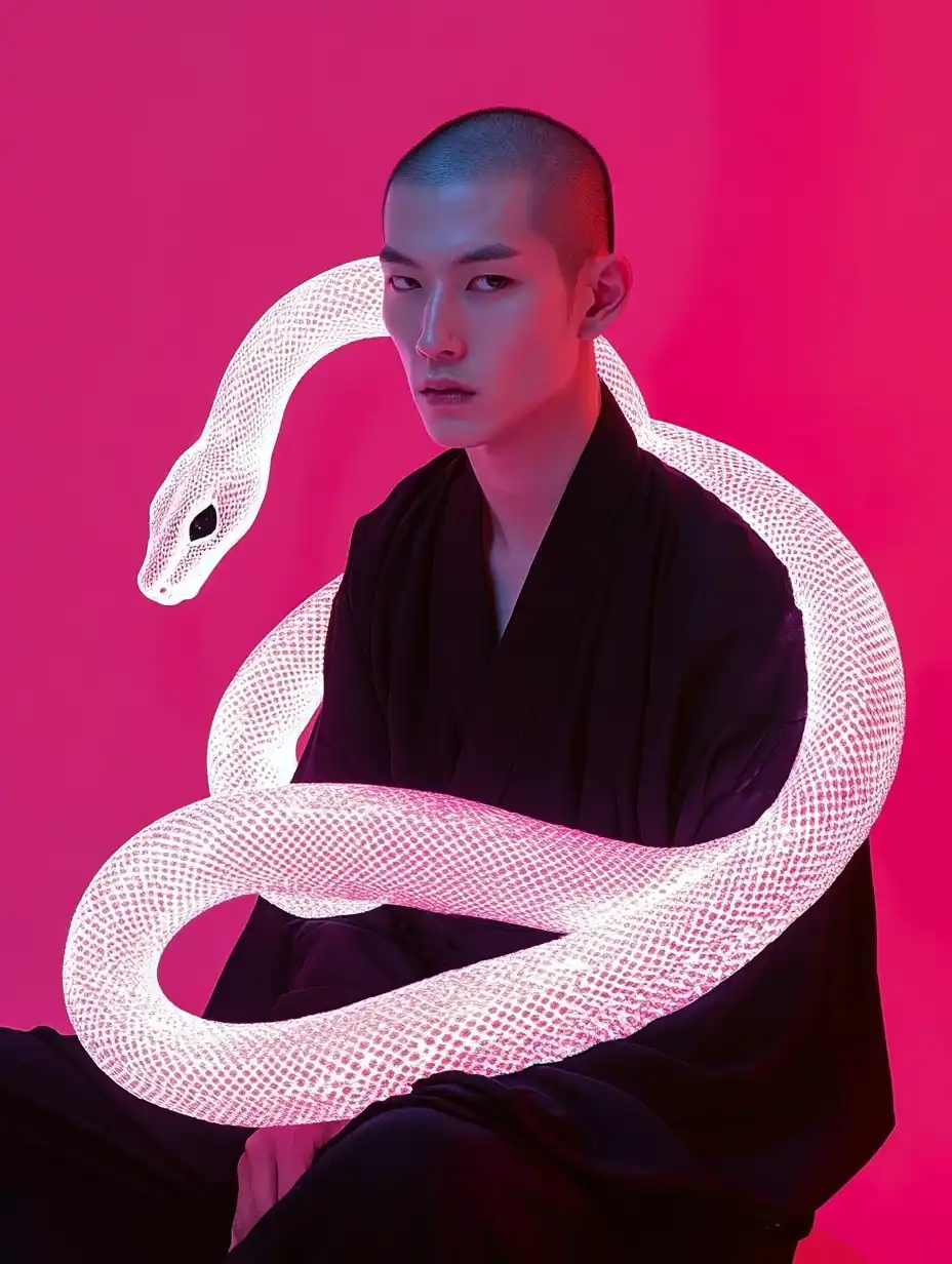 Neon Snake on Hanfu Model Midjourney提示词