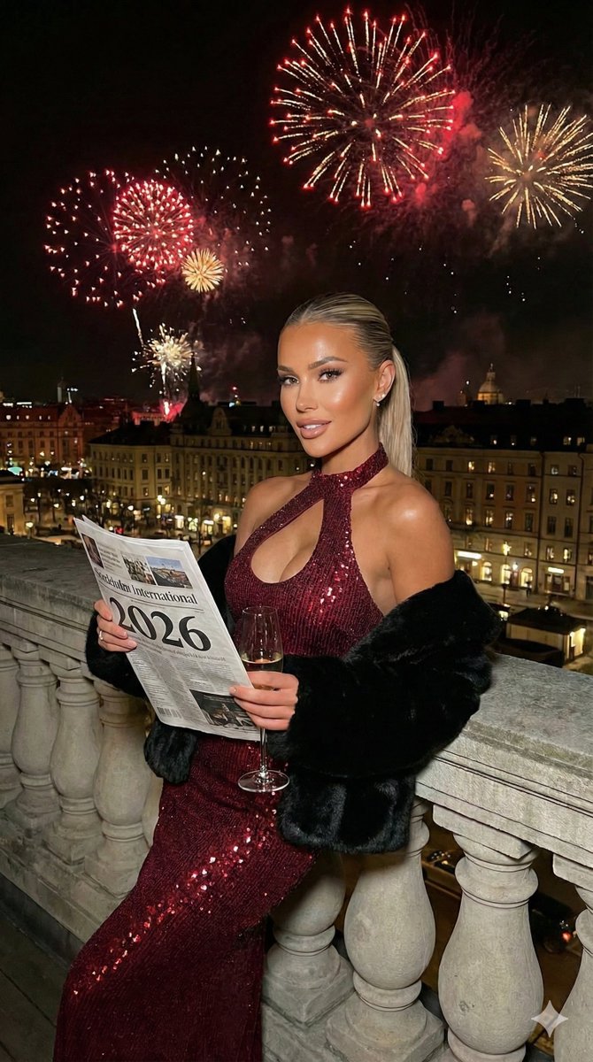 Glamorous Woman in Red Gown, Fireworks over City at Night Nano Banana提示词