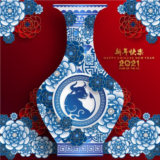 6款农历新年2021牛年立体剪纸风春节喜庆矢量海报背景EPS模板素材
