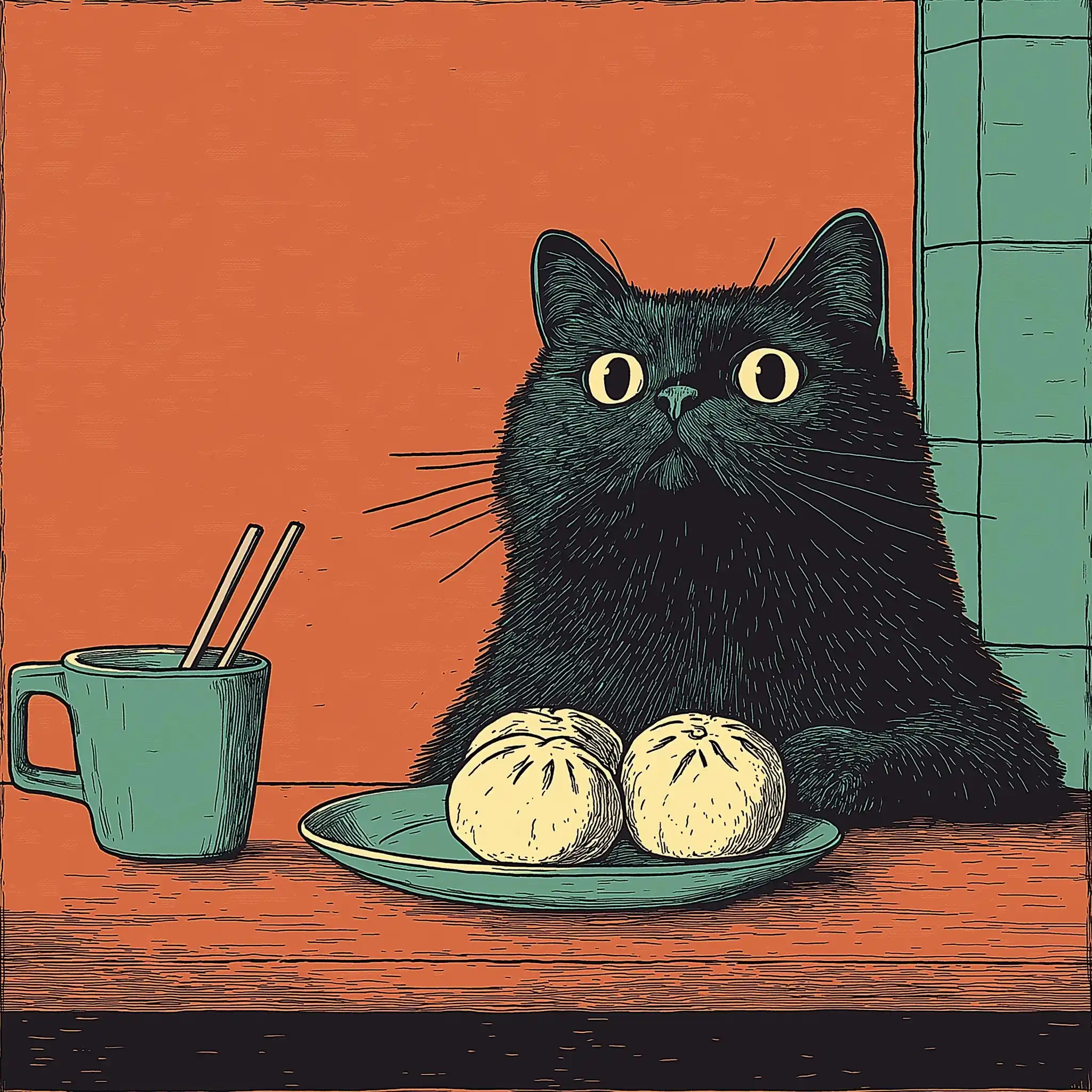 Retro Asian Cat Illustration Midjourney提示词
