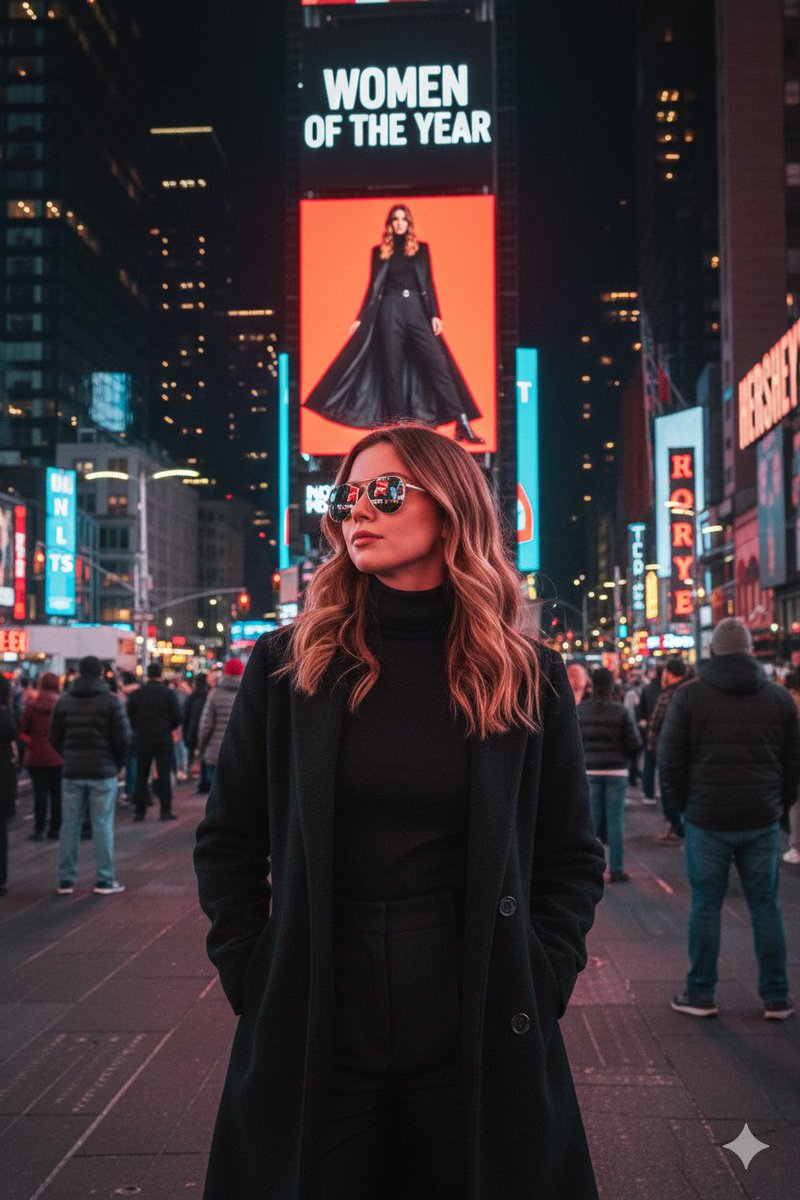 Urban Fashion Portrait: Stylish Woman in Times Square Nano Banana提示词