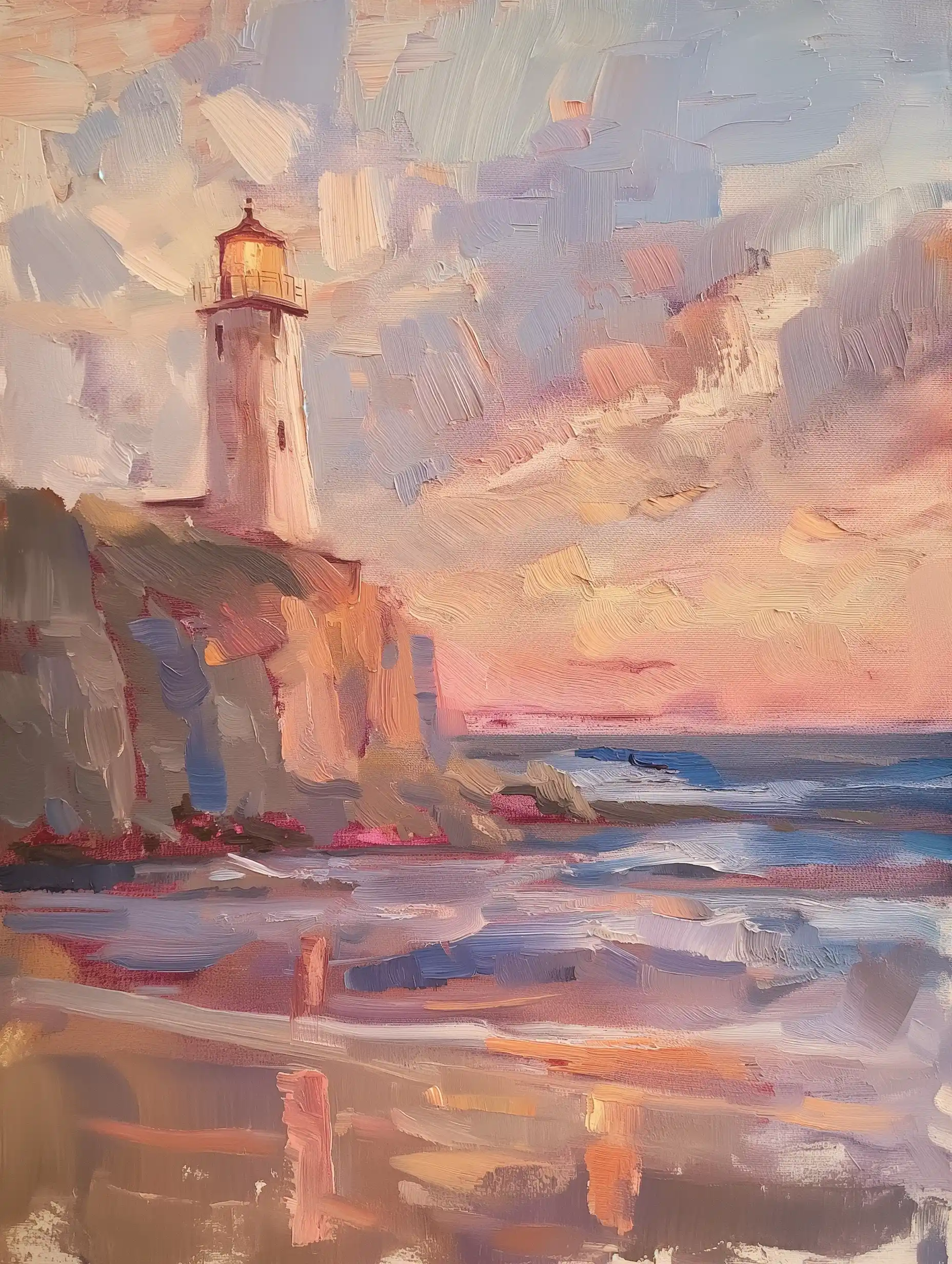 Lighthouse Sunset Oil Midjourney提示词