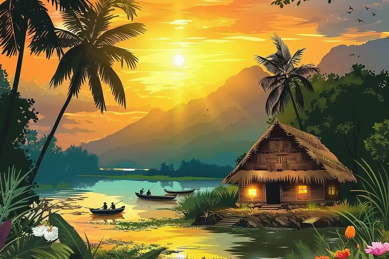 Ghibli Rainbow Boat Scenery Midjourney提示词