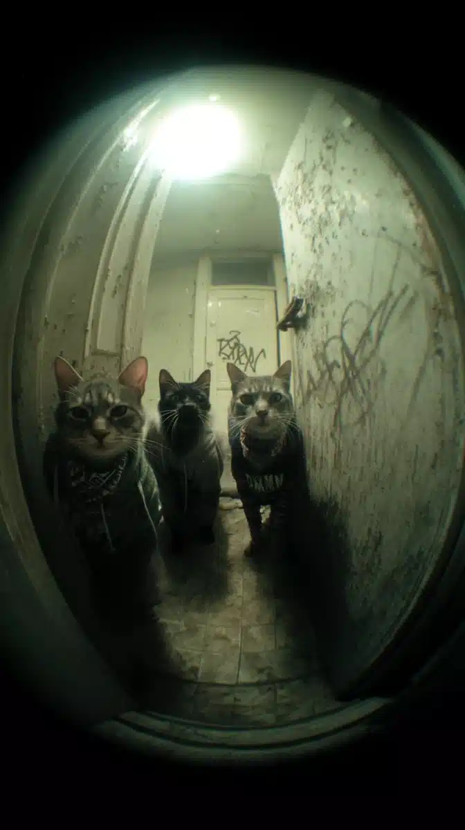 Angry Cats in Peephole Midjourney提示词