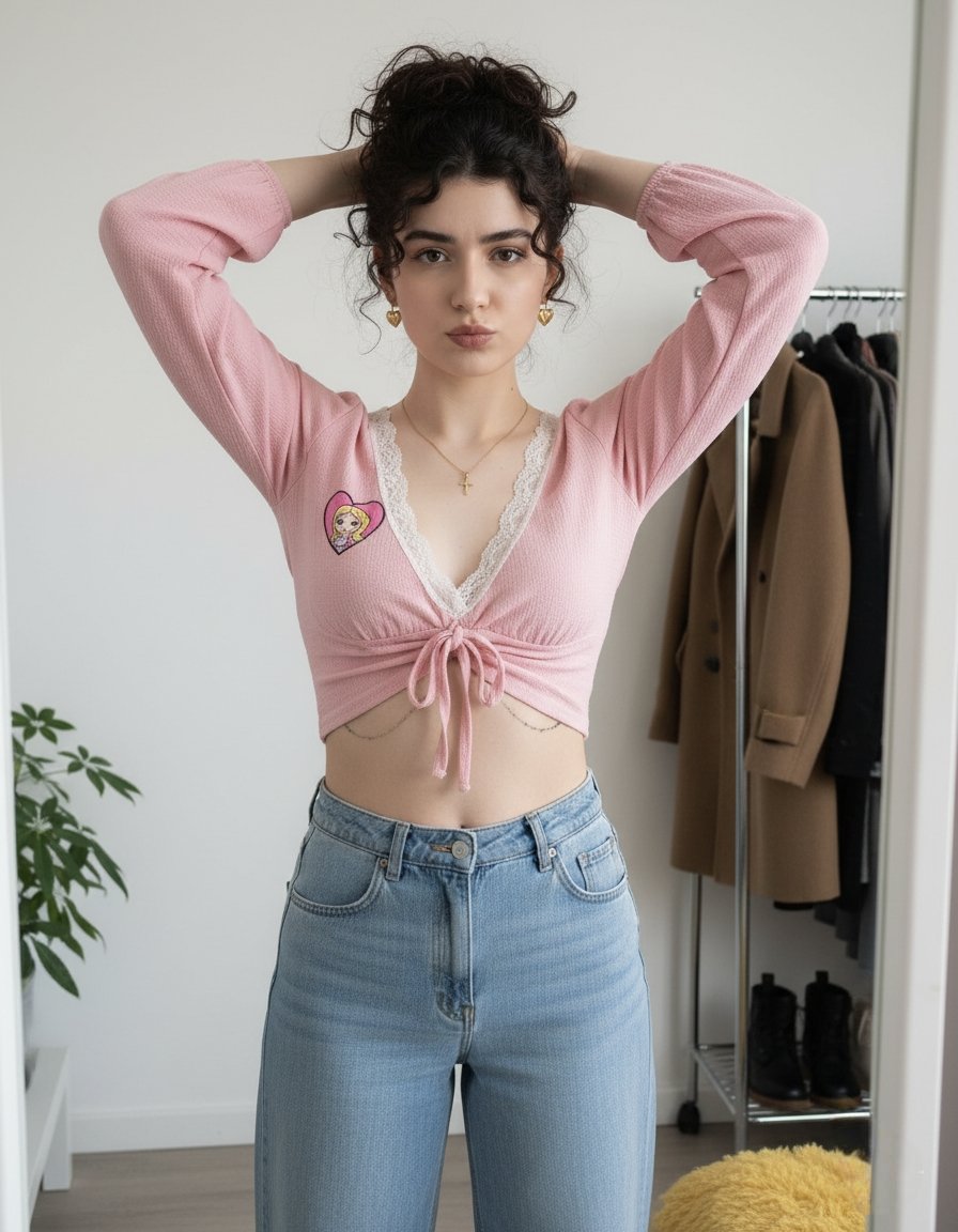 Young Woman in Pink Crop Top & Jeans - Fashion Portrait Nano Banana提示词