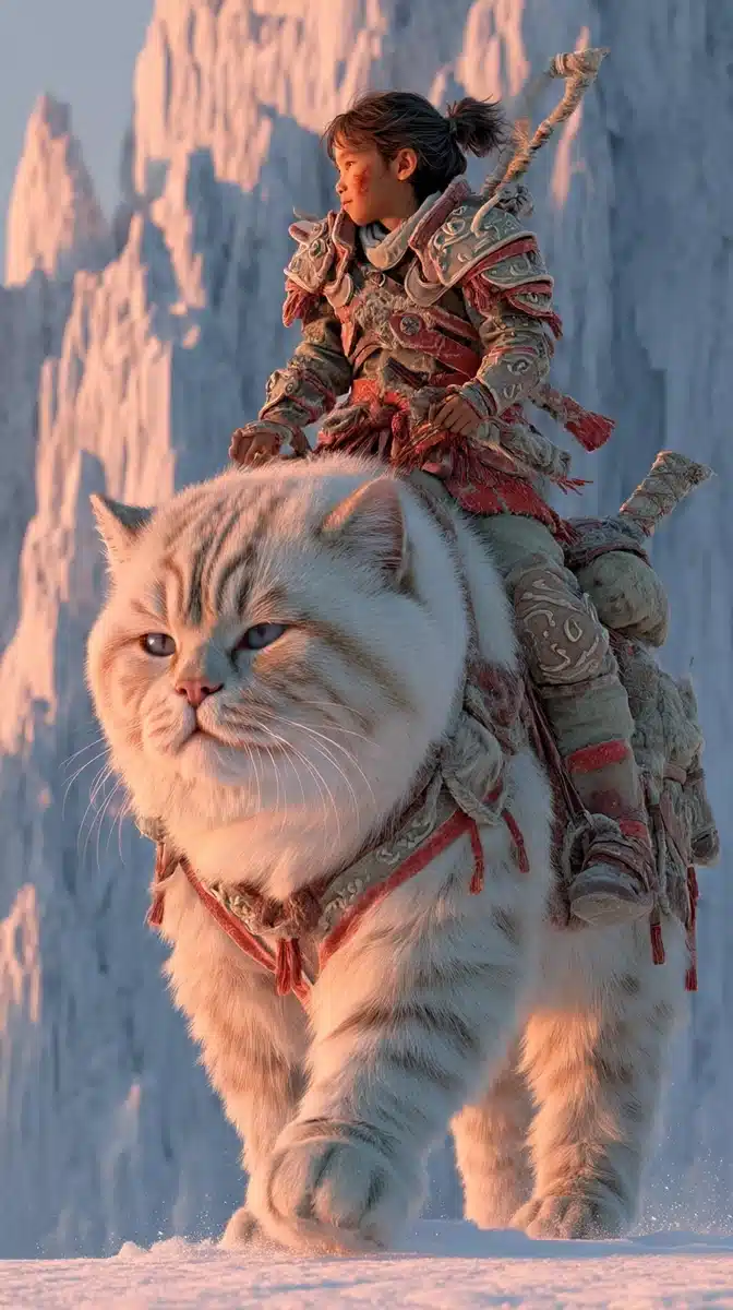 Determined Warrior Girl Riding Cat Midjourney提示词