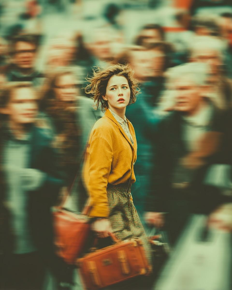 Thoughtful Woman in Motion-Blurred Crowd - Cinematic Portrait Nano Banana提示词