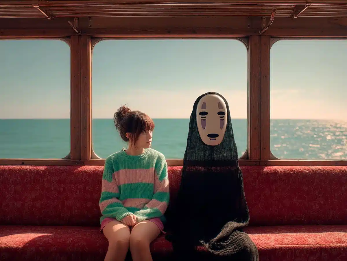Cinematic Girl and Masked Figure Midjourney提示词